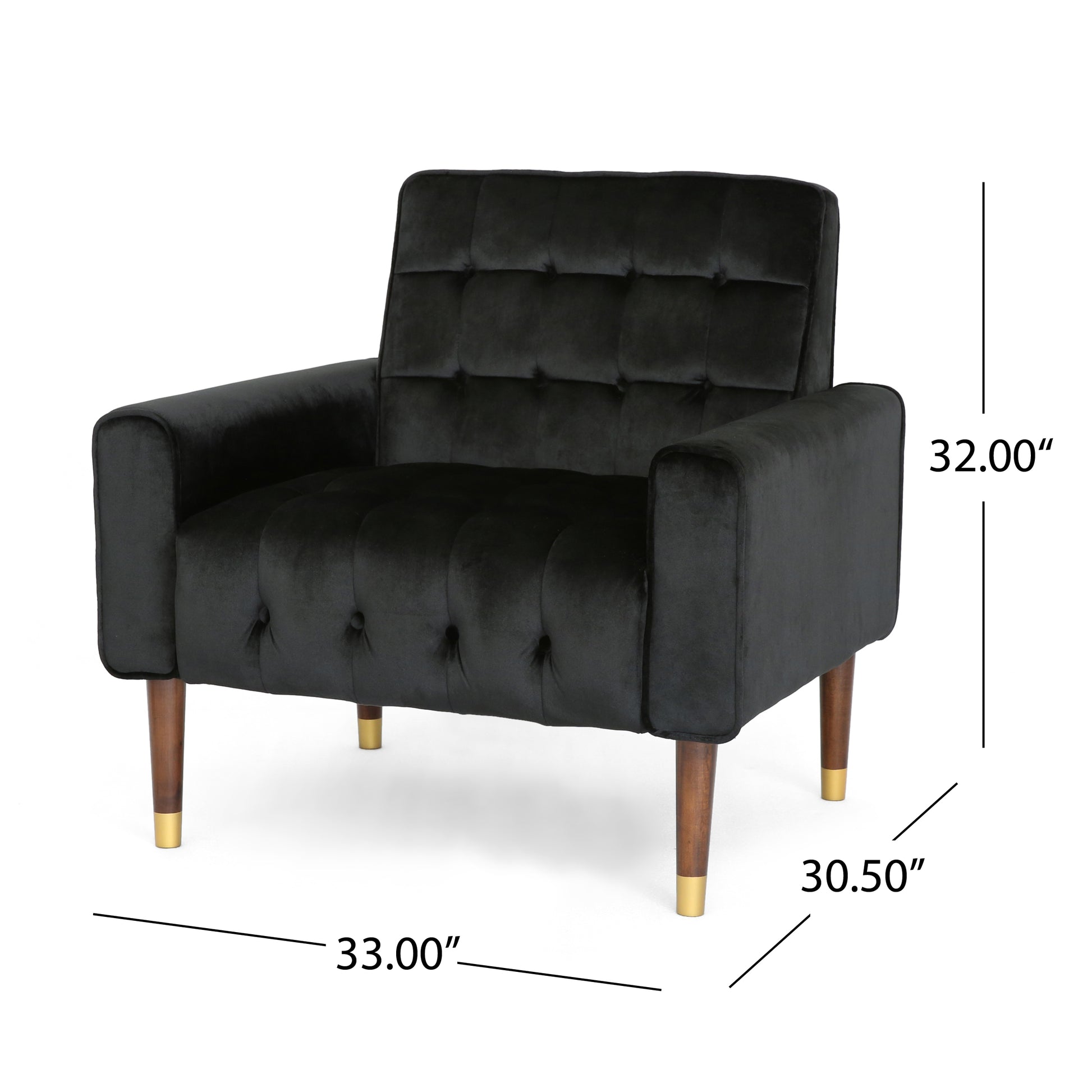 Tufted black velvet accent chair with tapered wooden legs and gold accents