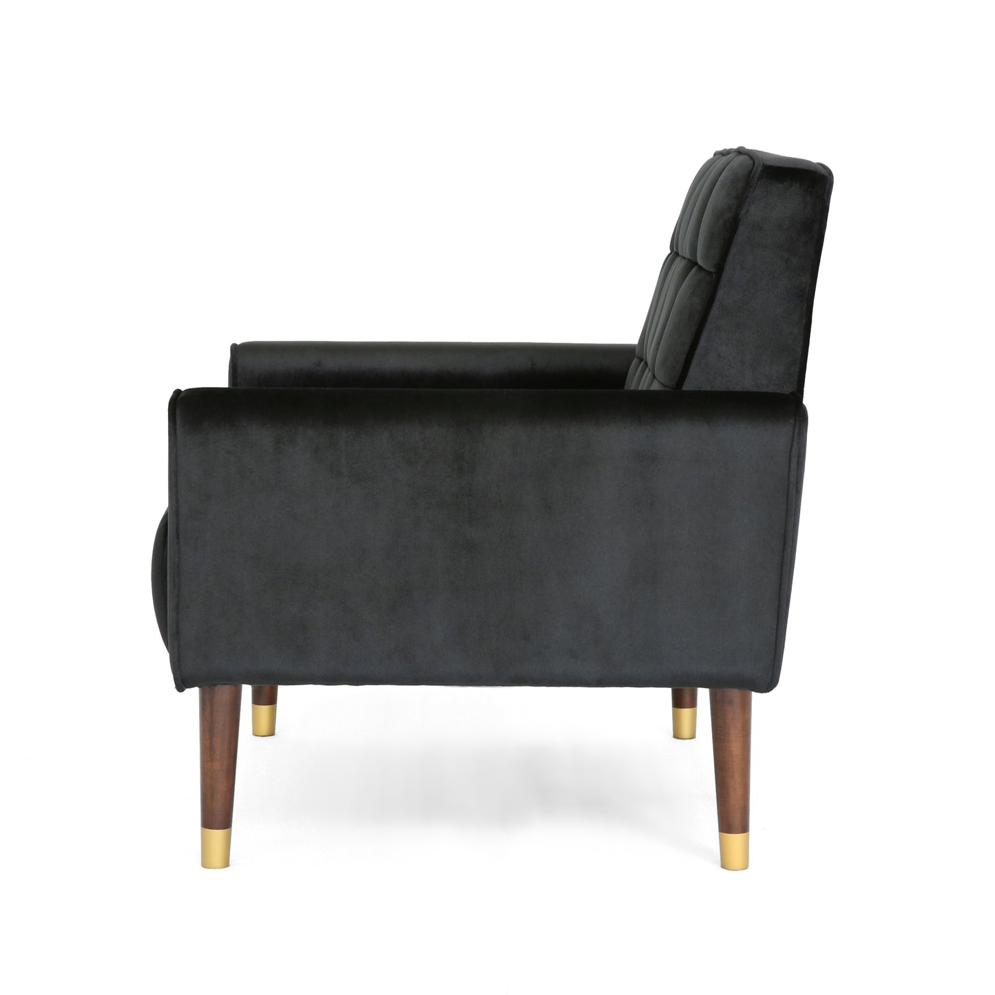 Black velvet armchair with tufted back and goldtipped wooden legs