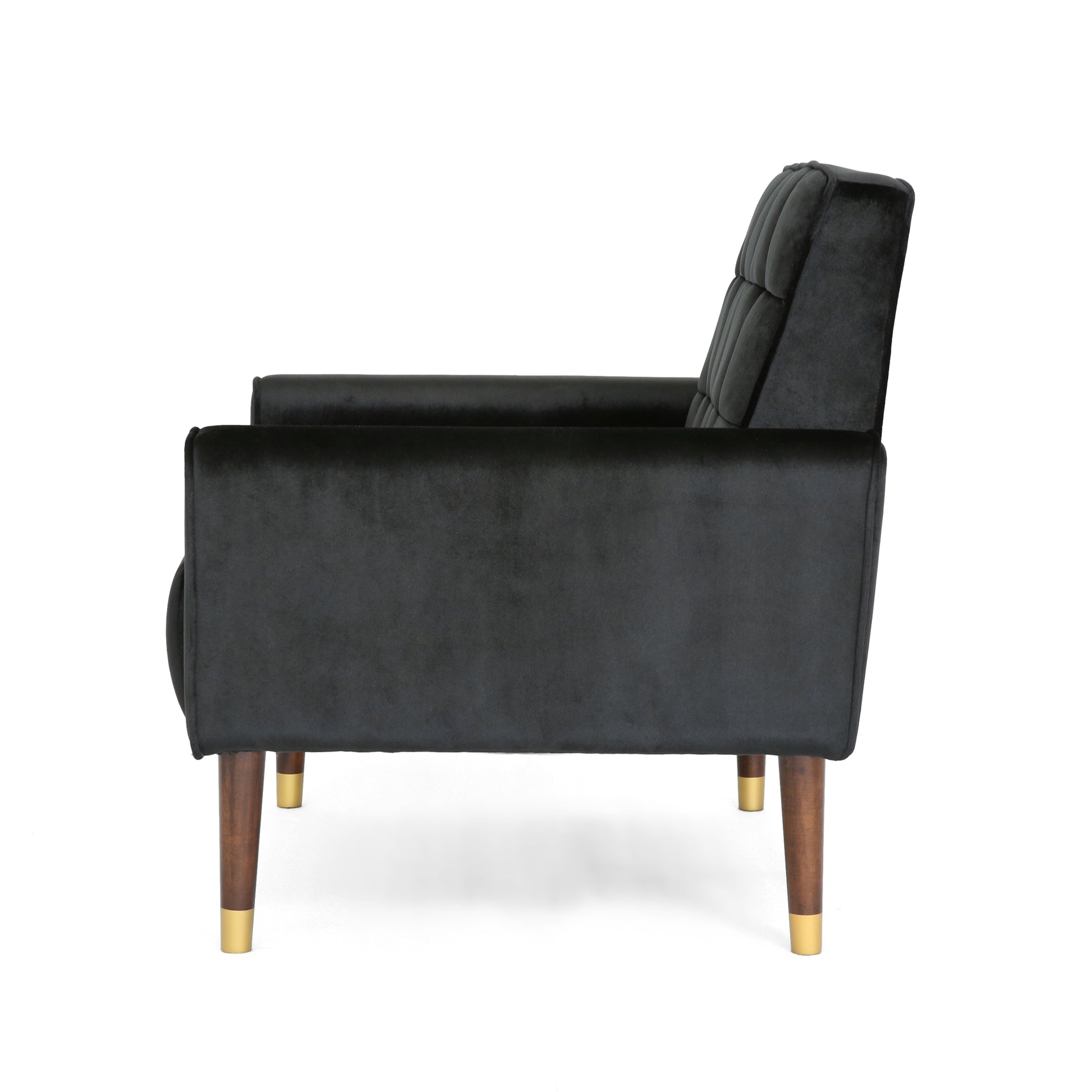Black velvet armchair with tufted back and goldtipped wooden legs