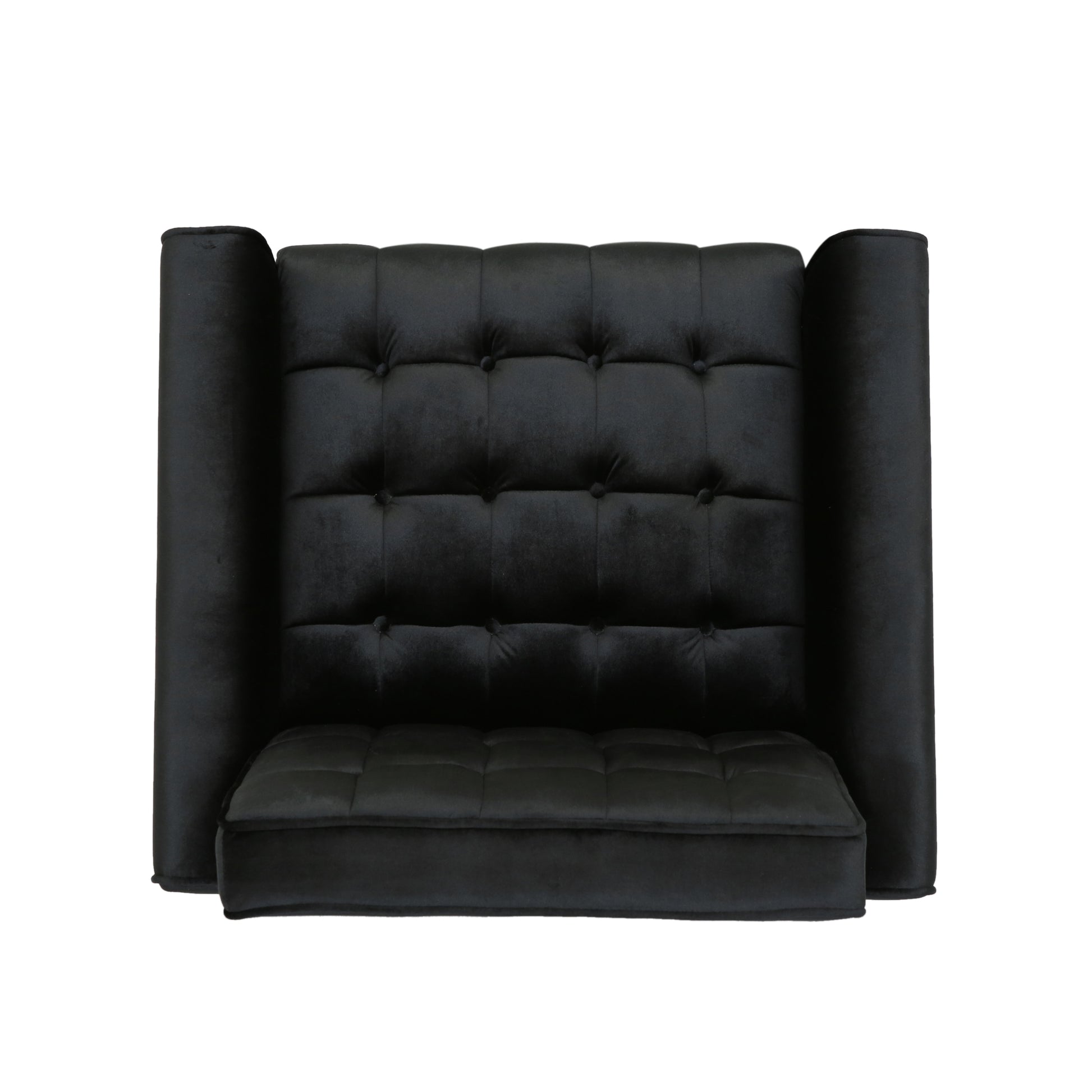 Black velvet tufted accent chair with winged back and comfortable seat cushion