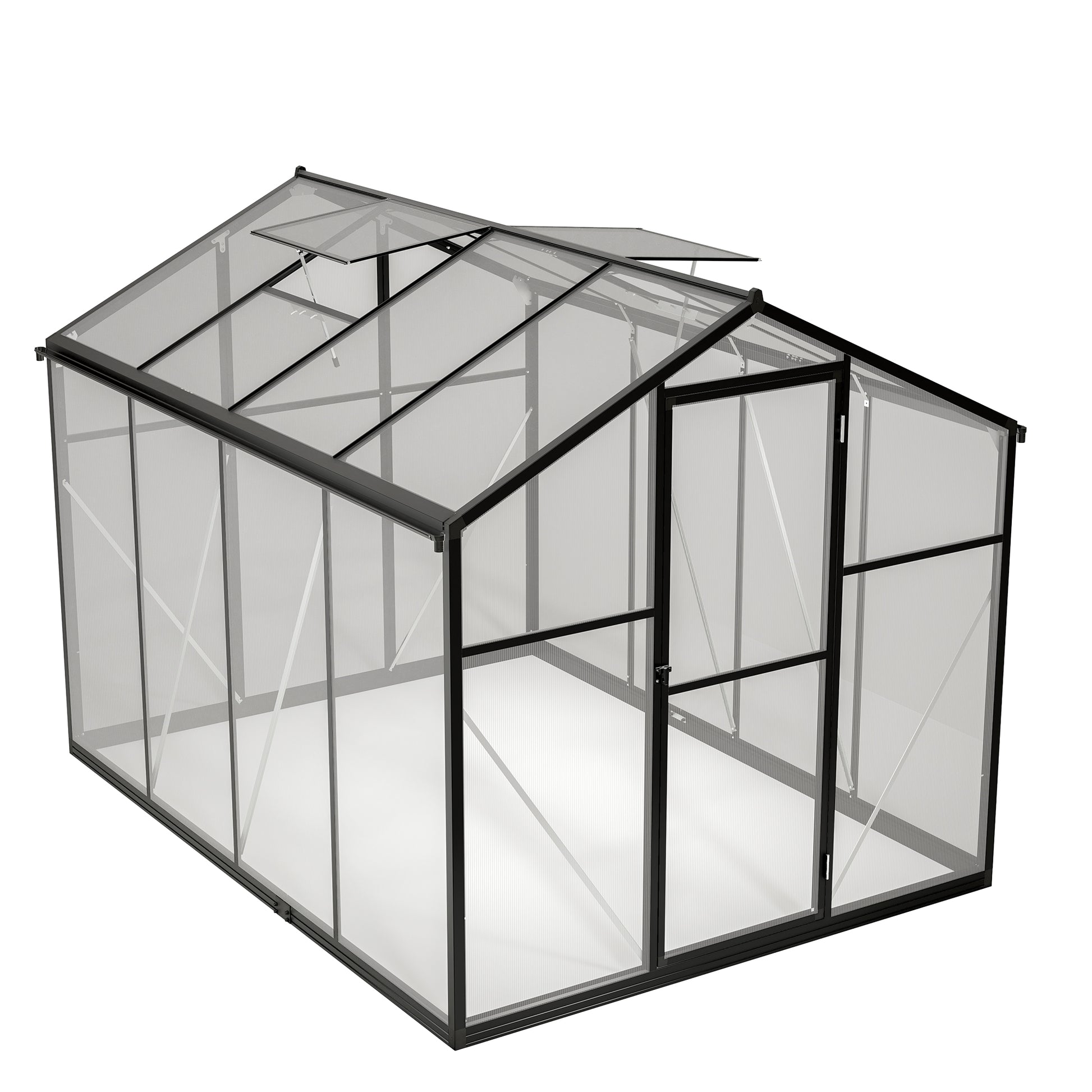 Spacious greenhouse with black aluminum frame and clear polycarbonate panels for yearround gardening