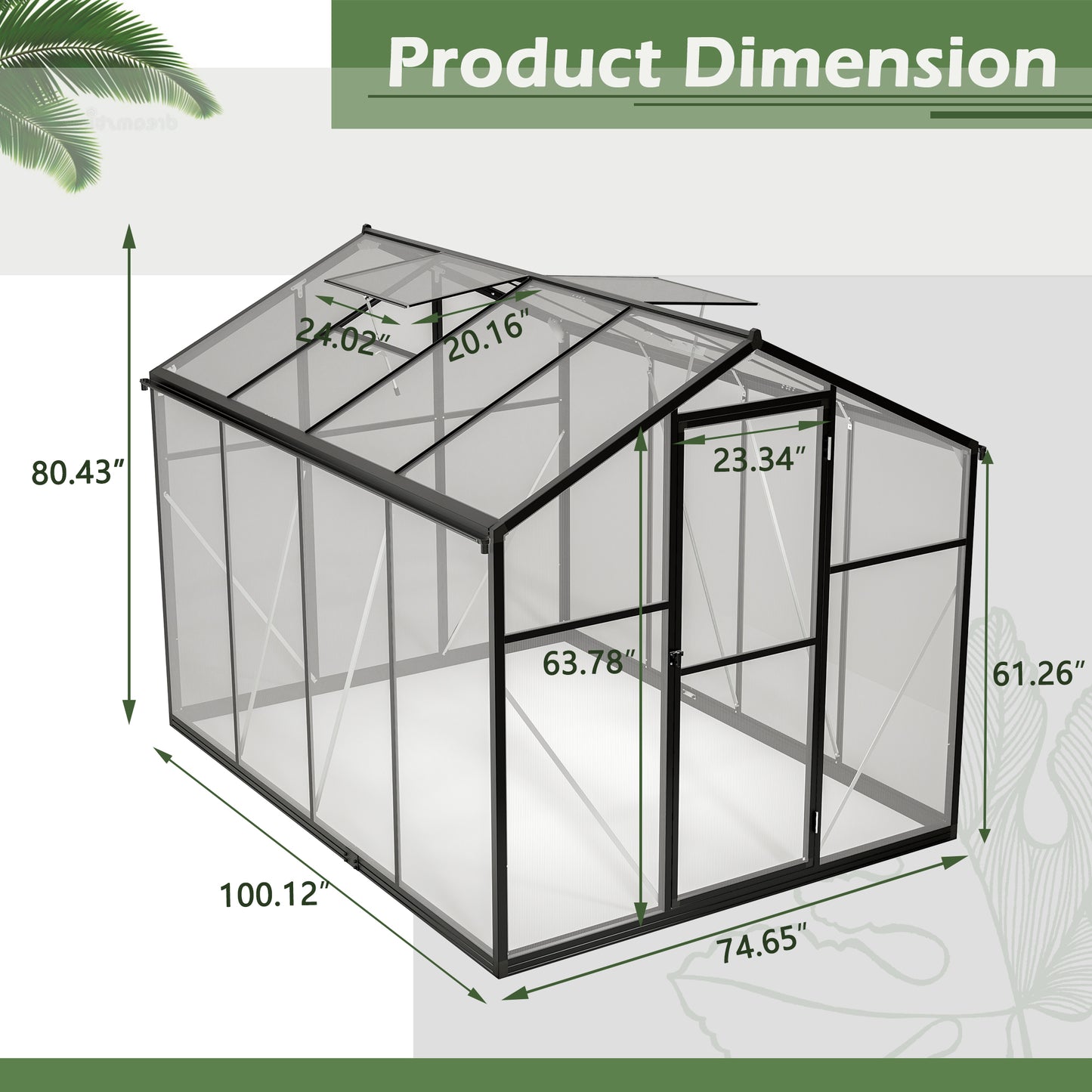 Black framed polycarbonate greenhouse with dimensions labeled for gardening enthusiasts