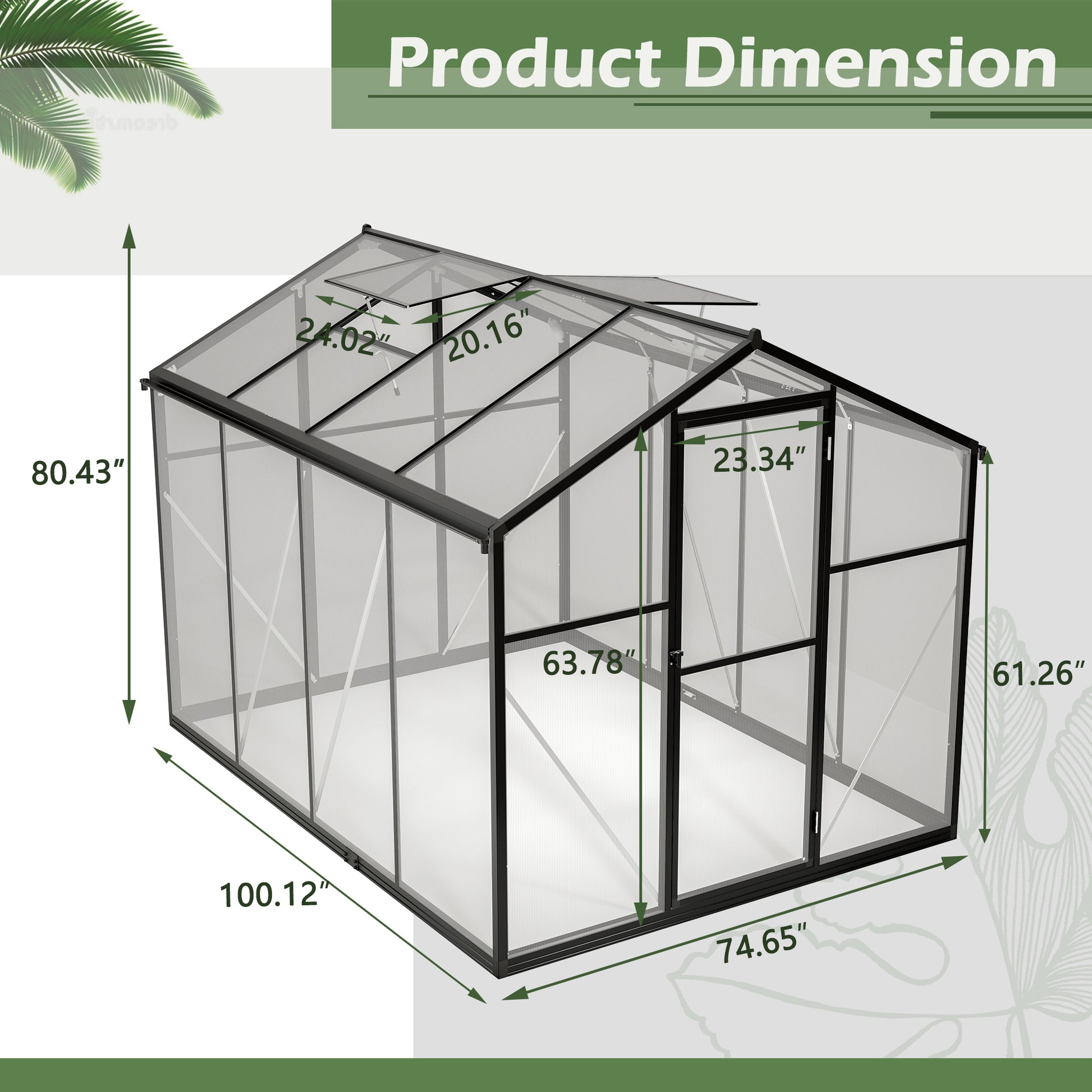 Black framed polycarbonate greenhouse with dimensions labeled for gardening enthusiasts