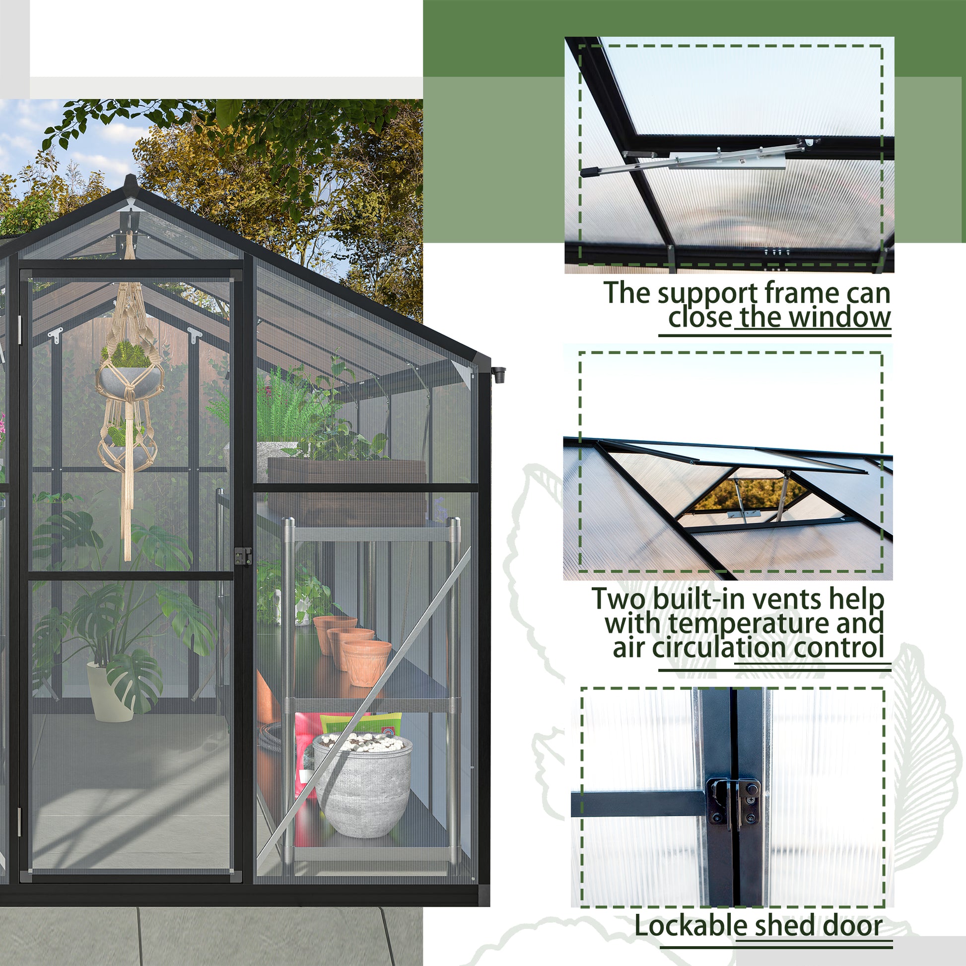 Black frame poly tunnel greenhouse with interior plants showing durability