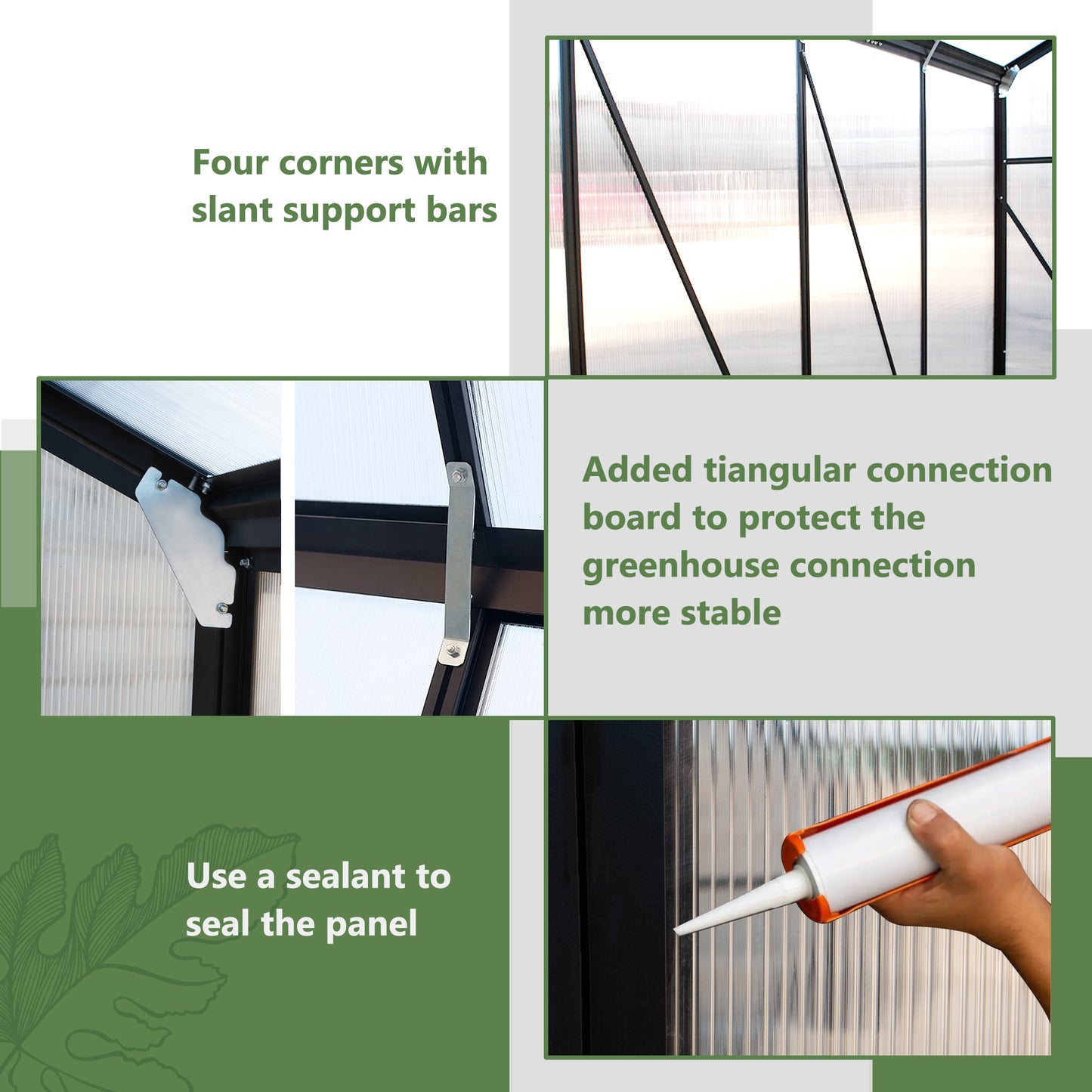 Greenhouse frame with four corners featuring slant support bars for stability