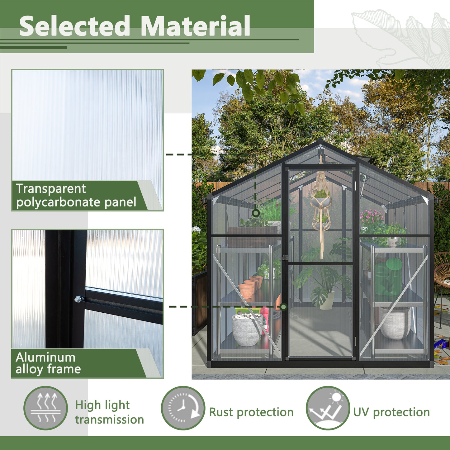 Black aluminum frame greenhouse with transparent polycarbonate panels and plants