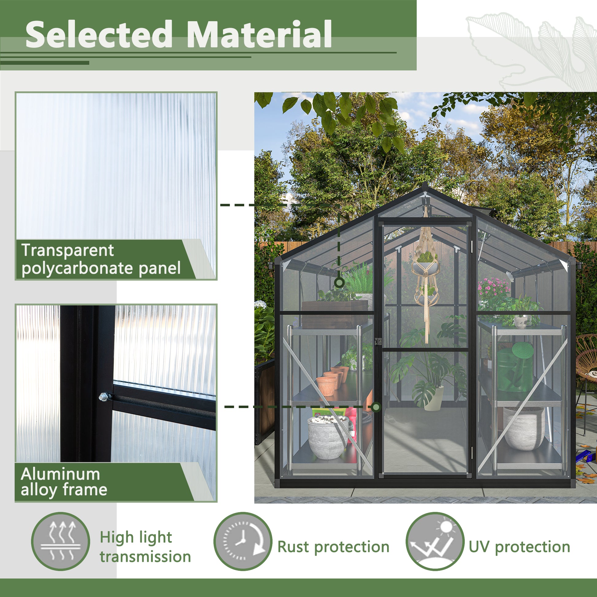 Black aluminum frame greenhouse with transparent polycarbonate panels and plants