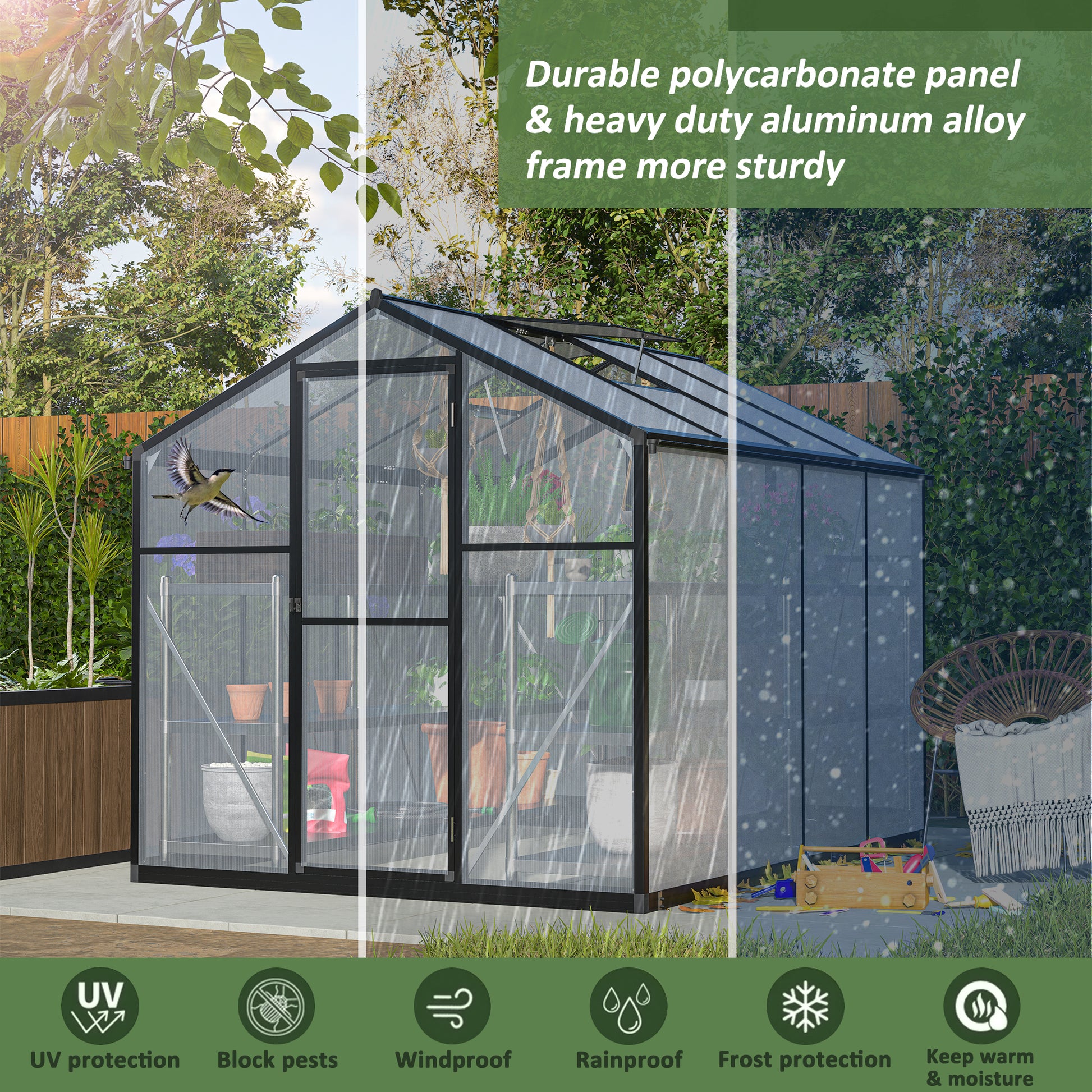 Durable polycarbonate greenhouse with aluminum frame ideal for protecting plants