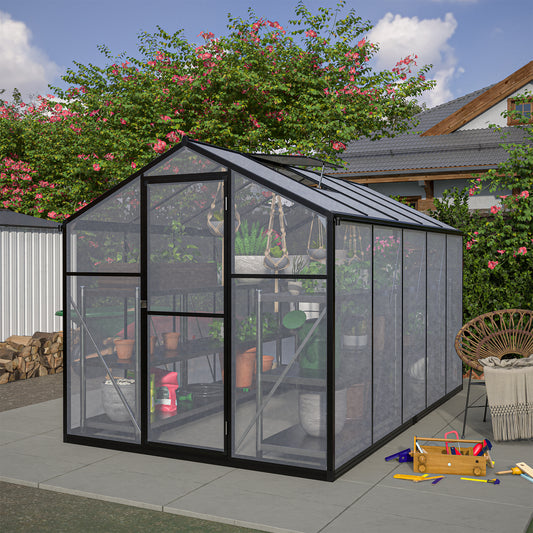 Modern black frame greenhouse with polycarbonate panels and shelving ideal for garden enthusiasts
