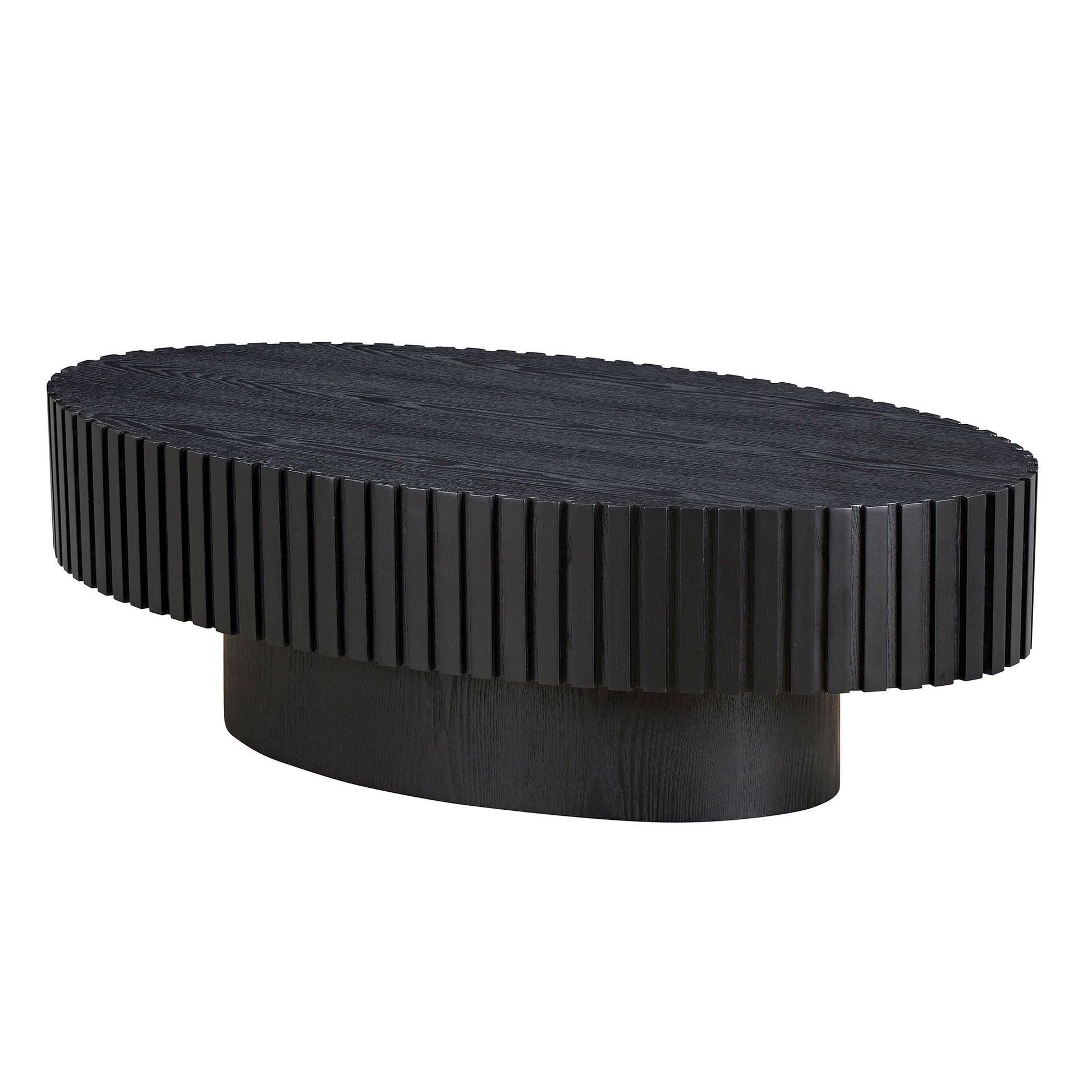 Black oval wood coffee table with fluted base