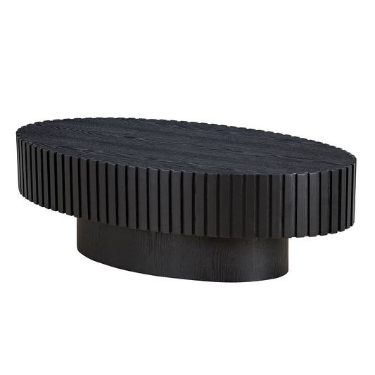 Black oval wood coffee table with fluted base
