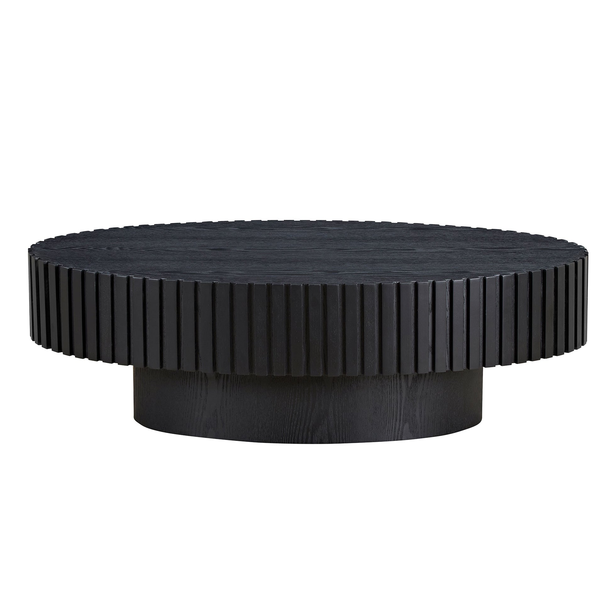 Round black fluted coffee table made of textured wood with a modern design