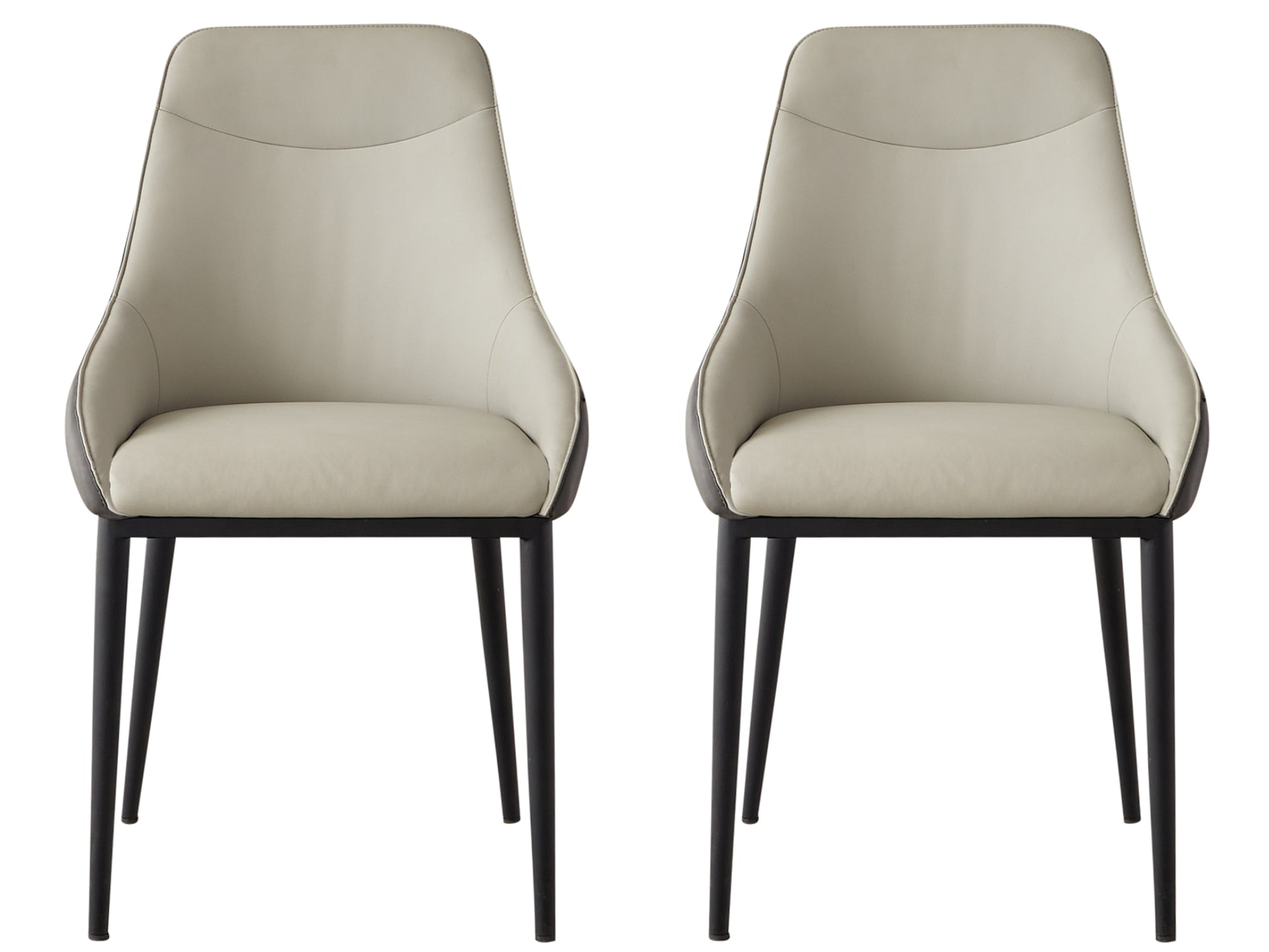 Two modern beige upholstered dining chairs with black metal legs