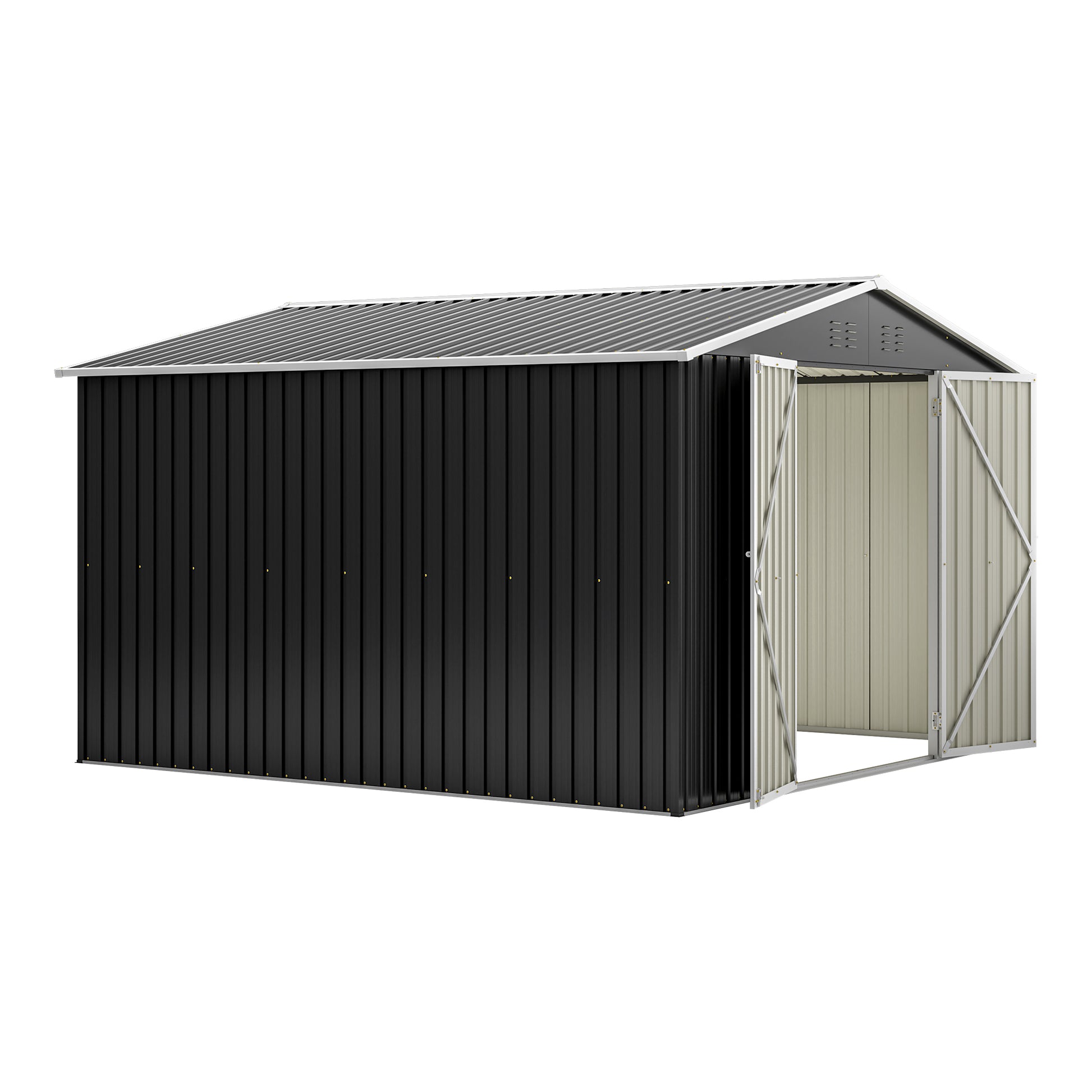 Black metal garden shed with double doors open offering storage space