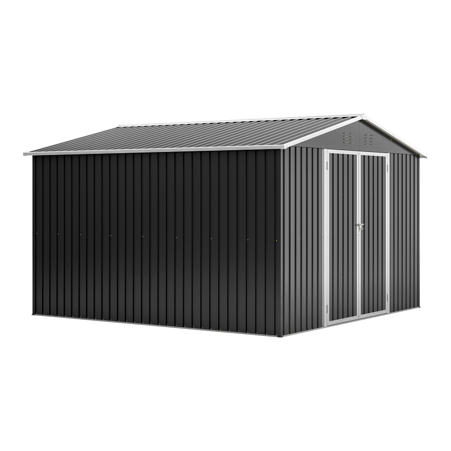 Charcoal gray metal garden shed with double doors and a corrugated roof