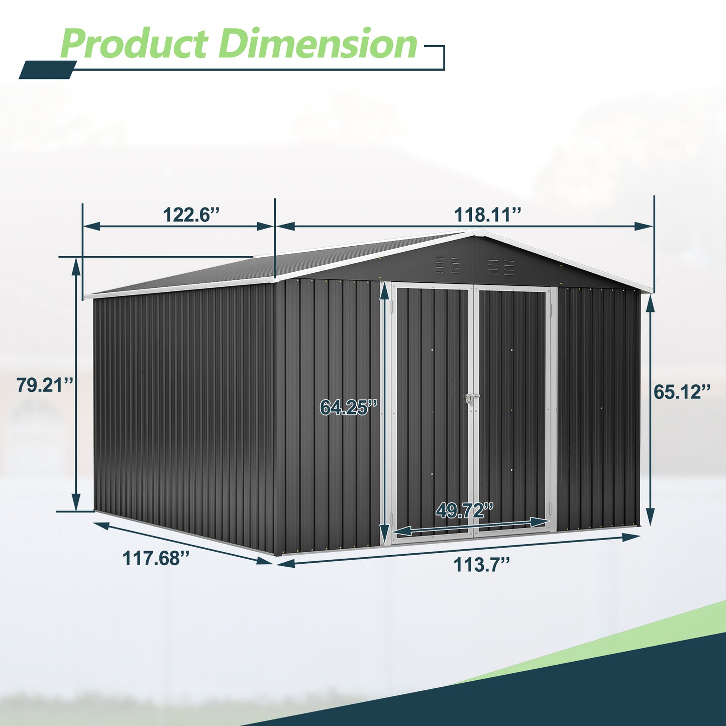 Dark gray metal shed with double doors dimensions  L x  W x  H