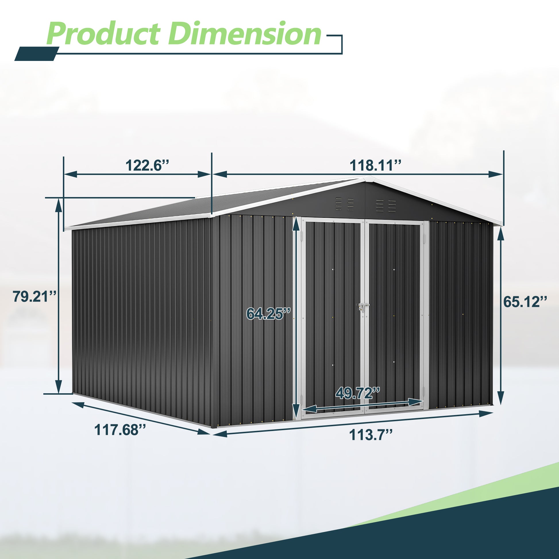 Dark gray metal shed with double doors dimensions  L x  W x  H