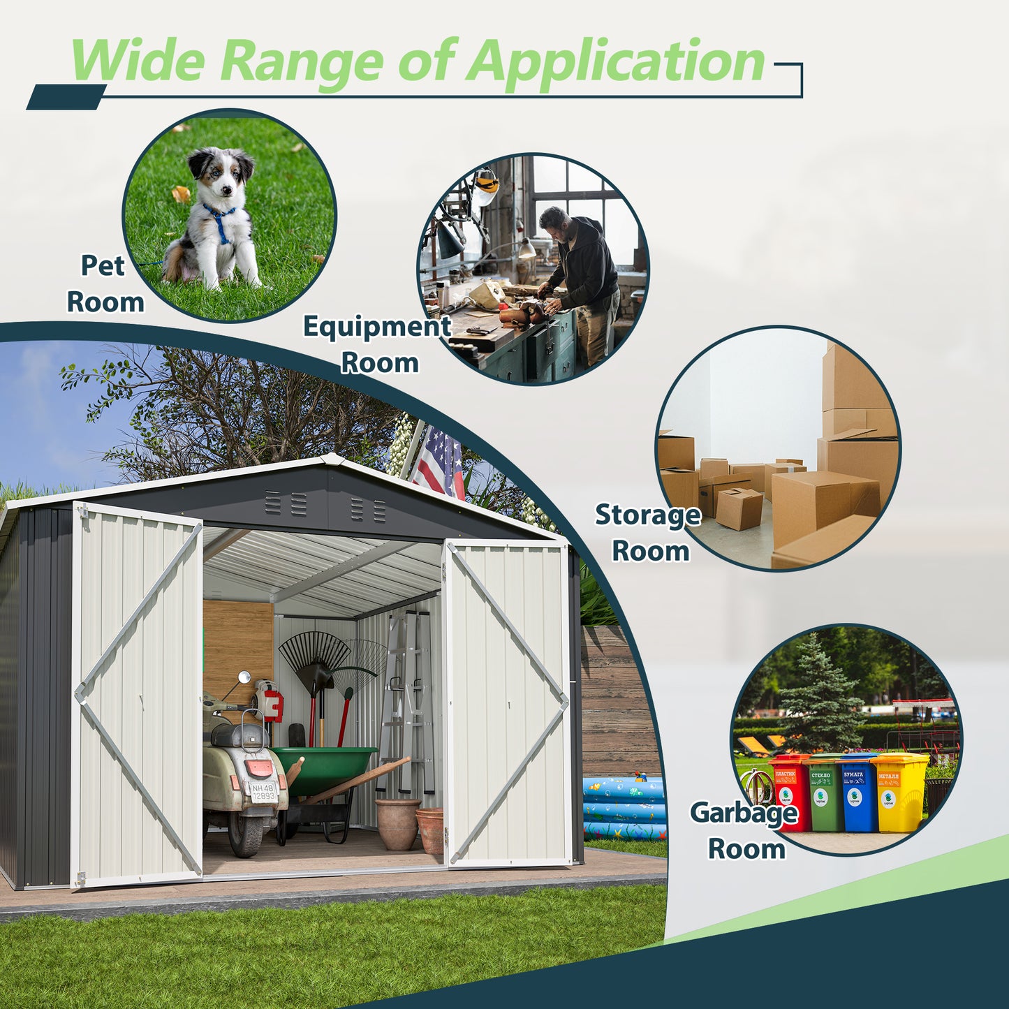 Gray metal garden shed with wide double doors open storing a scooter and gardening tools