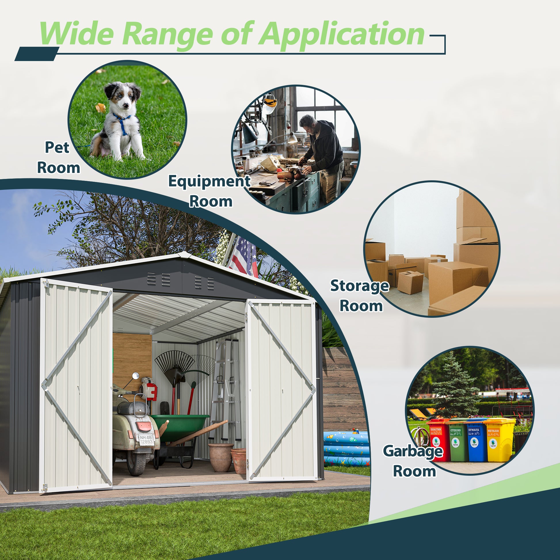 Gray metal garden shed with wide double doors open storing a scooter and gardening tools