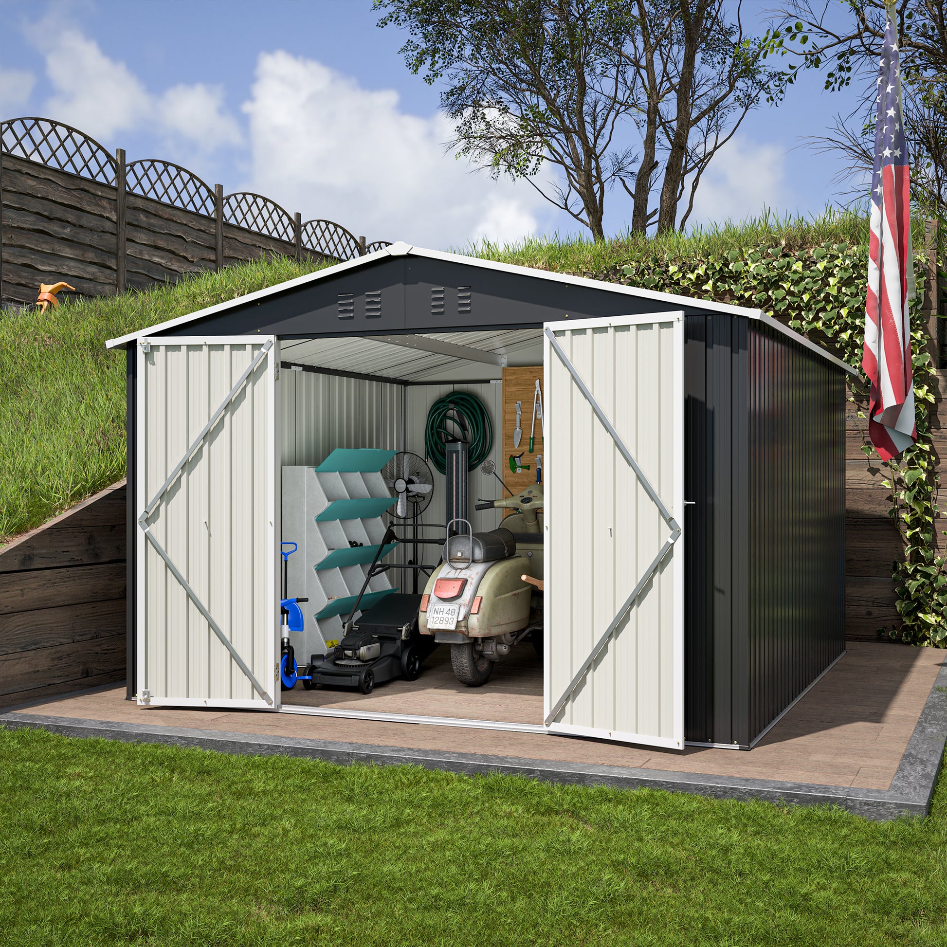 Dark grey metal garden shed with double doors open featuring a scooter inside