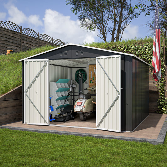 Dark grey metal garden shed with double doors open featuring a scooter inside