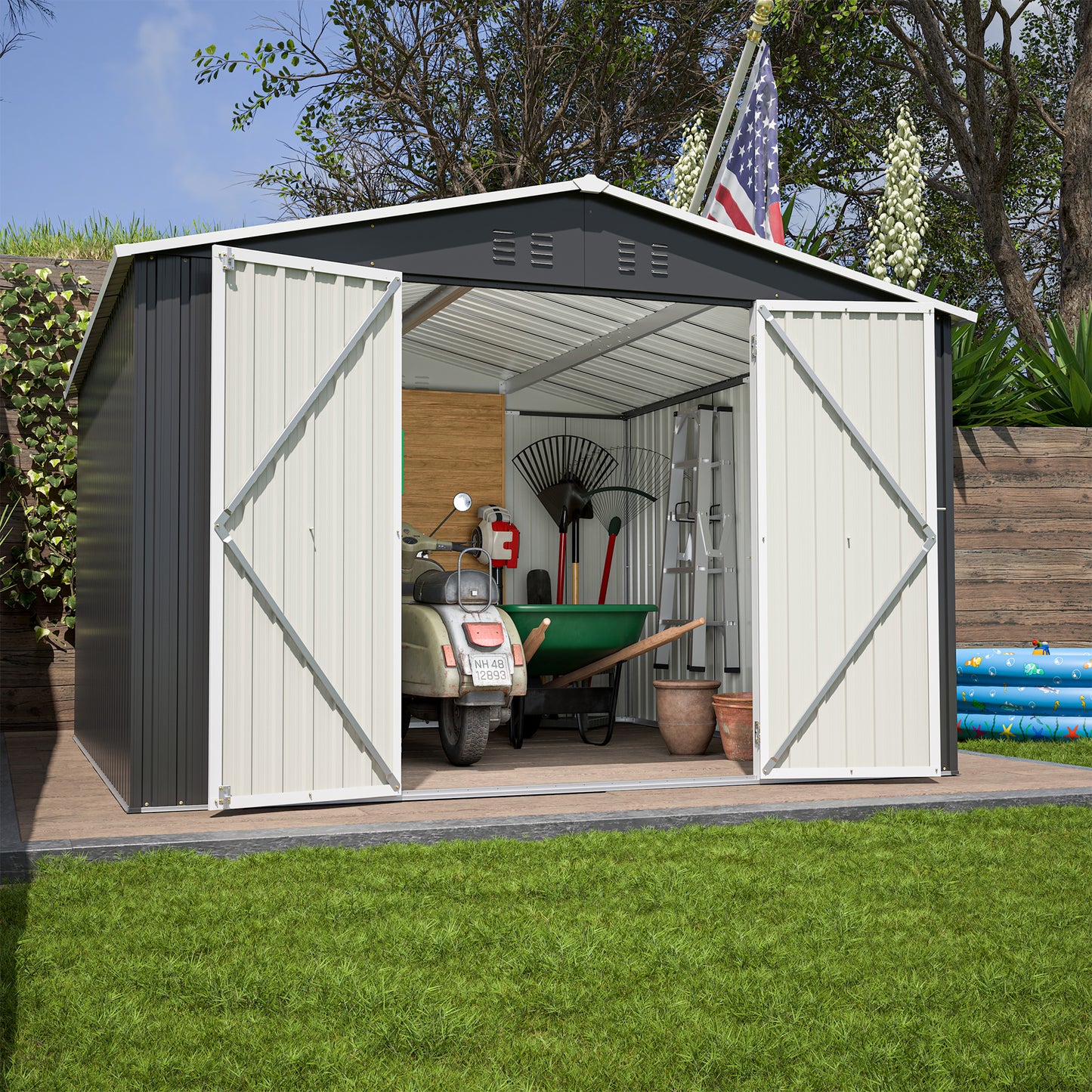 Garden shed with dualtone grey and cream metal siding open doors revealing tools and a scooter
