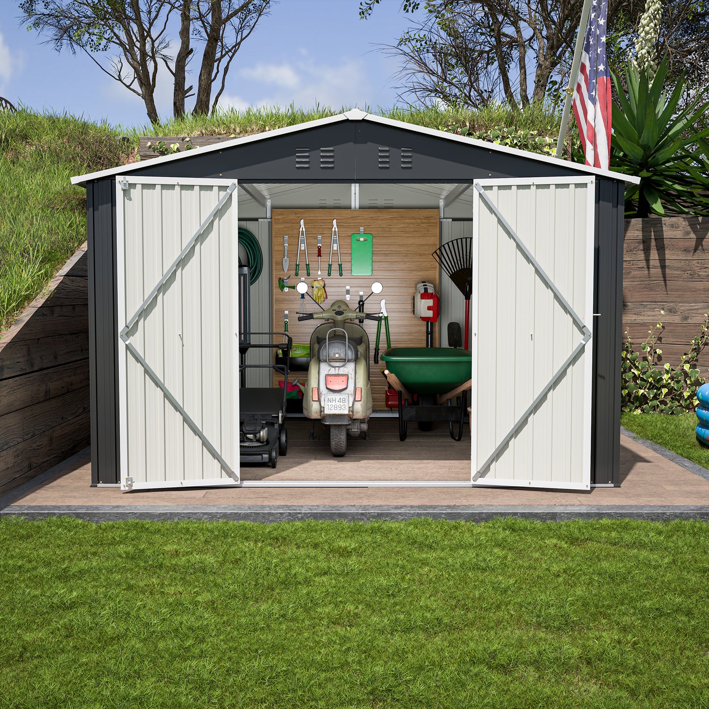 Modern metal storage shed with dual doors holding a vintage scooter mower and gardening tools