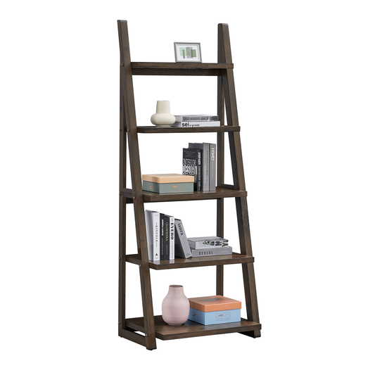 Dark brown ladder shelf with five shelves displaying books and decor