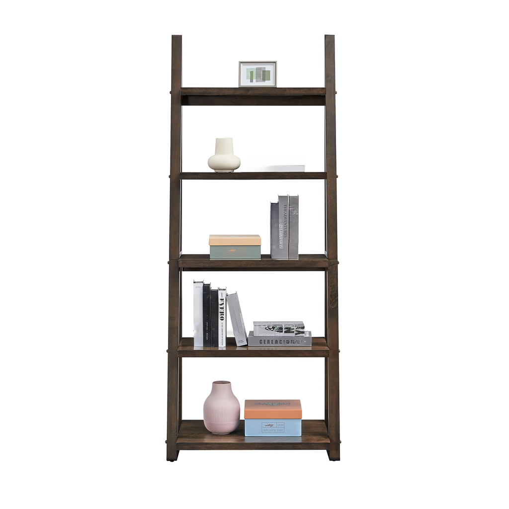 Dark wood ladder bookshelf with decorative items displayed on its shelves