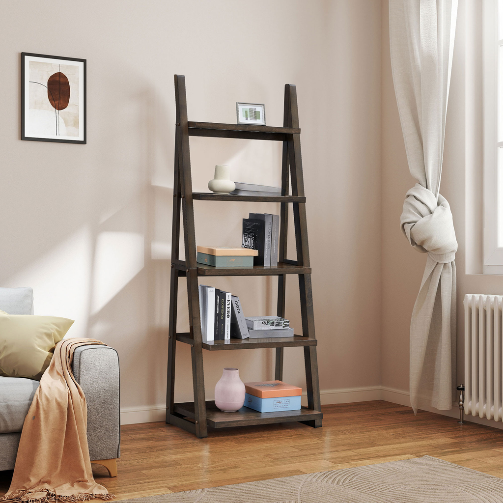 Dark brown wooden ladder bookshelf with four tiers perfect for book storage