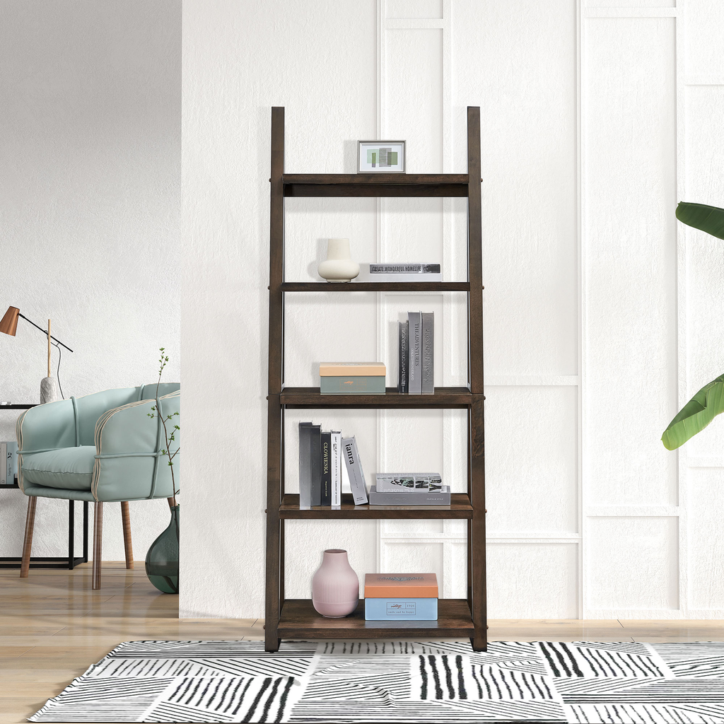 Dark wood leaning bookshelf with five shelves displaying decorative items