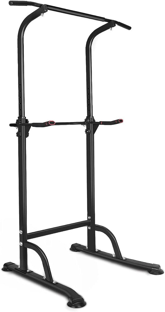 Black steel power tower with pullup bar and dip station for home gym workouts