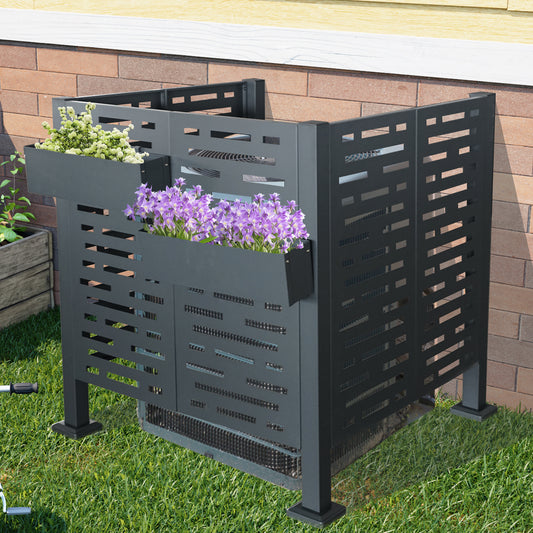 Dark grey metal outdoor air conditioner screen with builtin planters