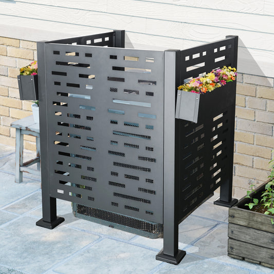 Modern black metal outdoor air conditioner cover with builtin planters