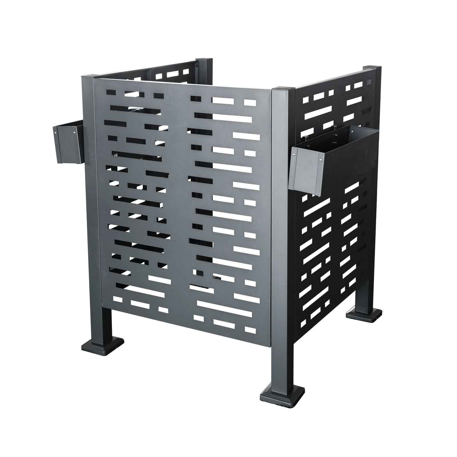 Modern grey metal outdoor trash receptacle with perforated design and builtin planters