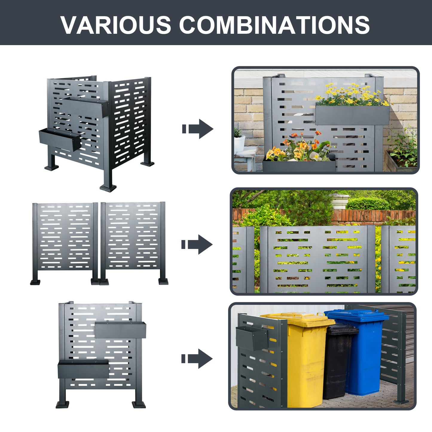 Modern grey privacy screen with integrated planters for garden decor