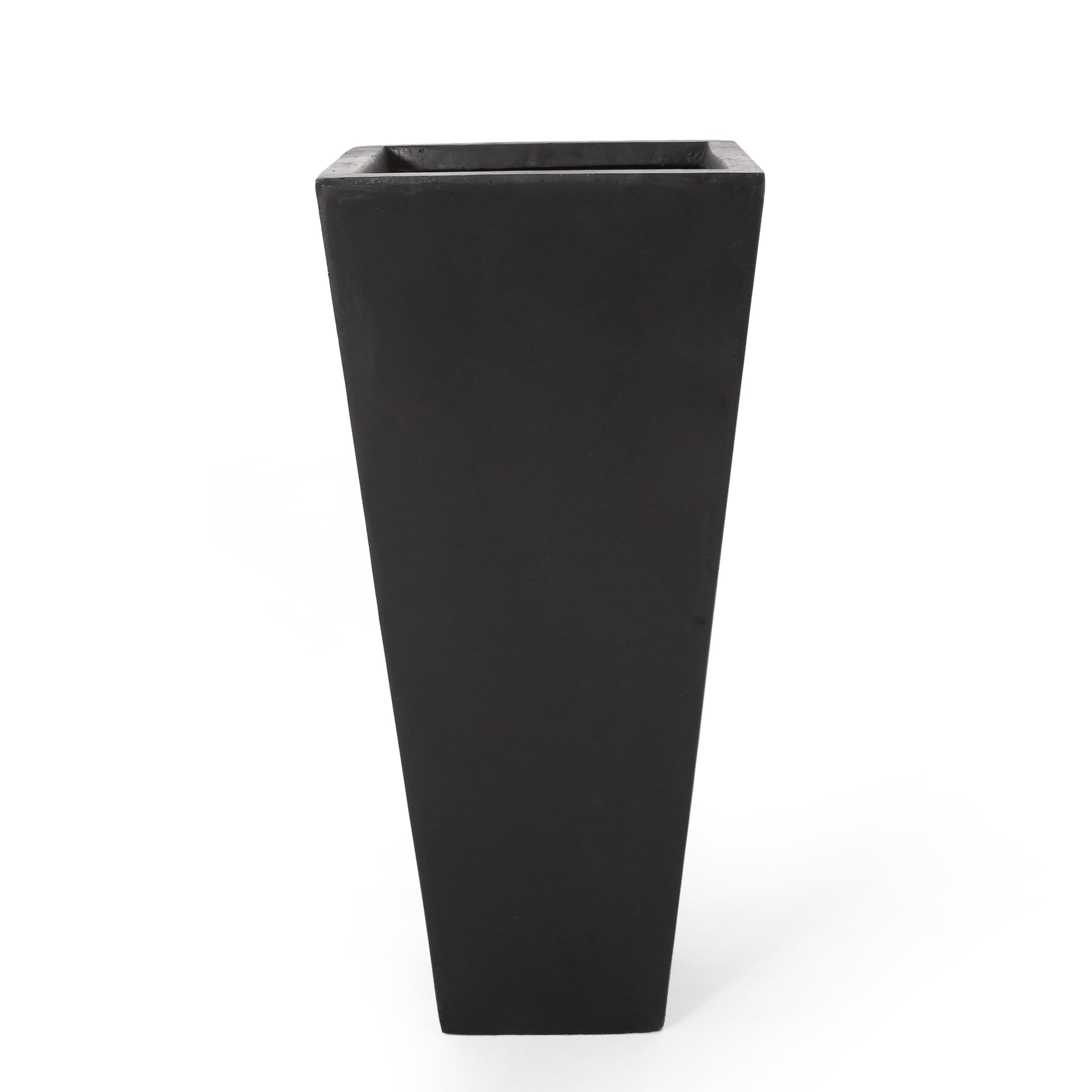 Tall black square tapered planter made of concrete for outdoor gardens