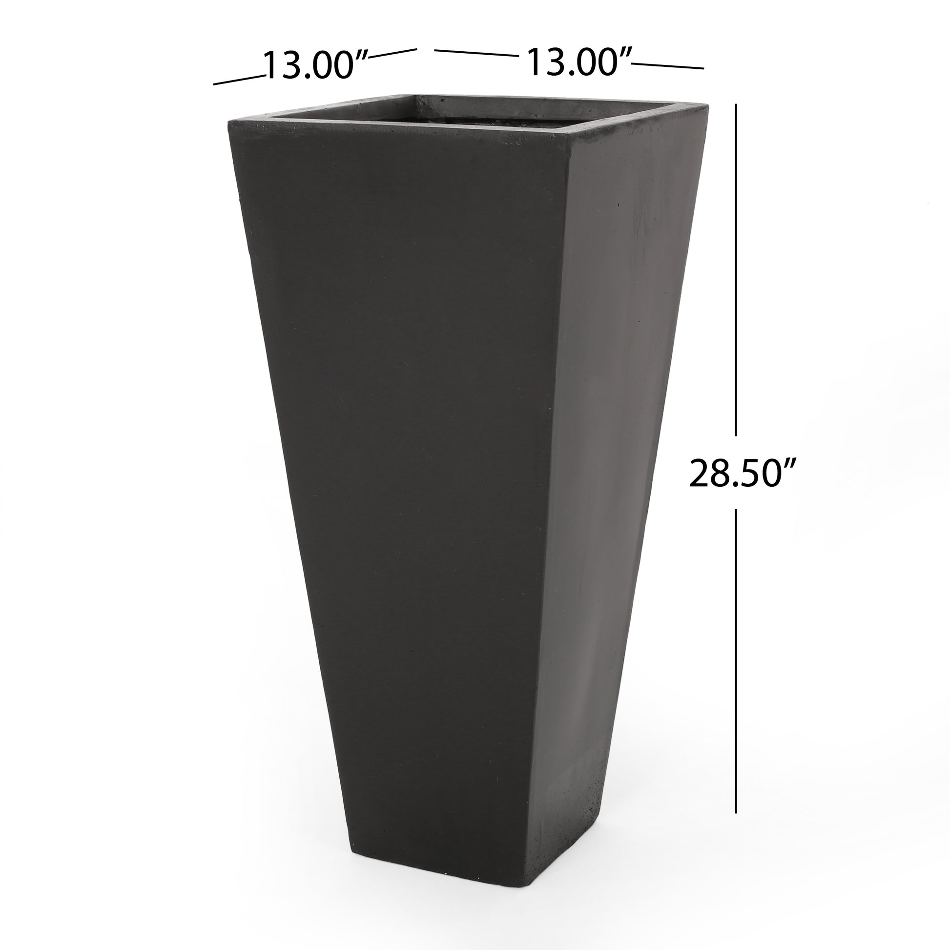 Tall black tapered planter with a modern minimalist design ideal for outdoor spaces