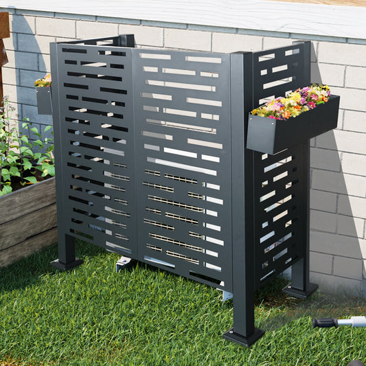 Dark grey metal AC unit screen with geometric cutouts and integrated planter