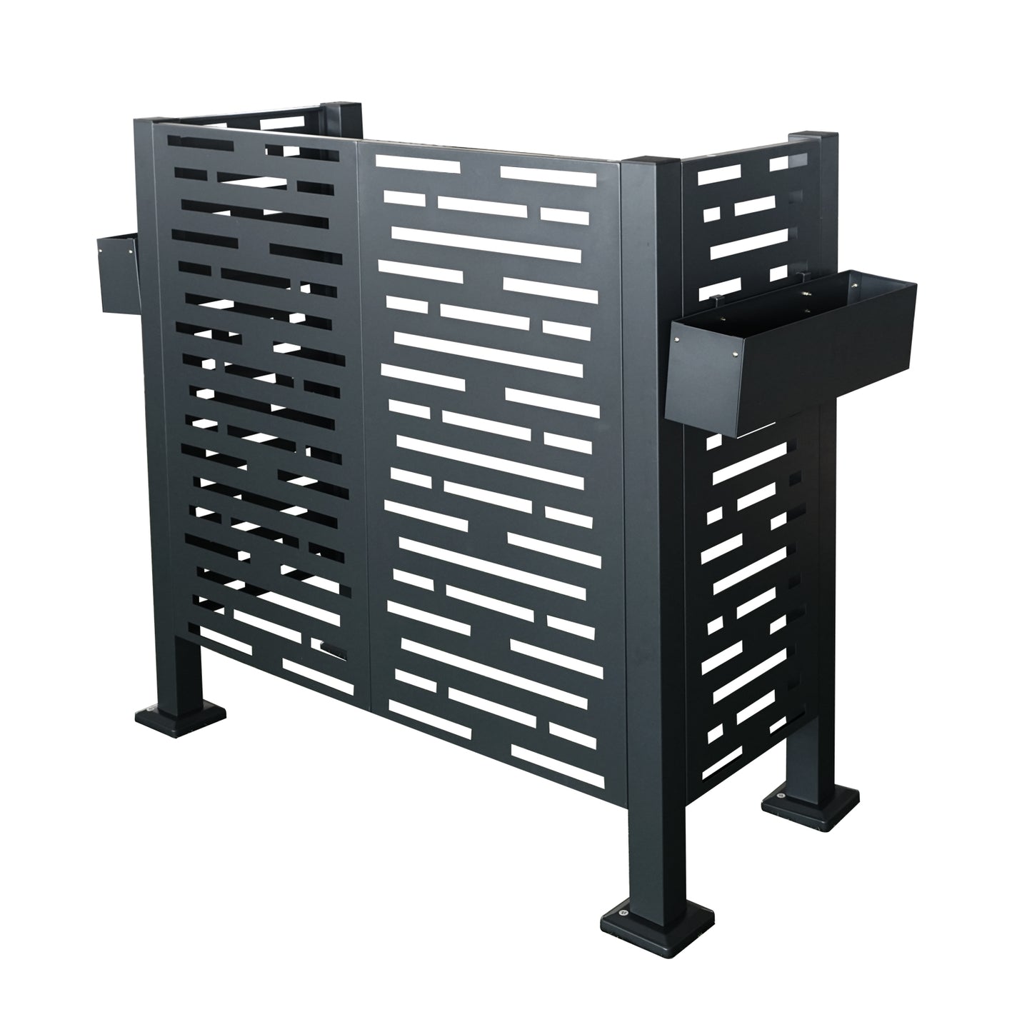 Modern dark gray metal privacy screen with decorative cutouts and side planter boxes for garden accent