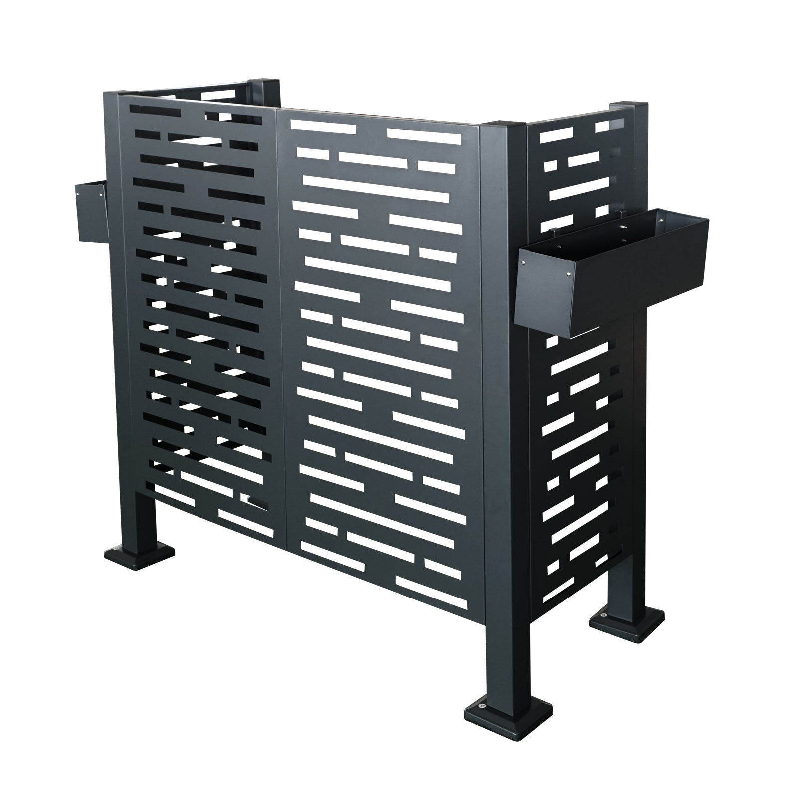 Modern dark gray metal privacy screen with decorative cutouts and side planter boxes for garden accent