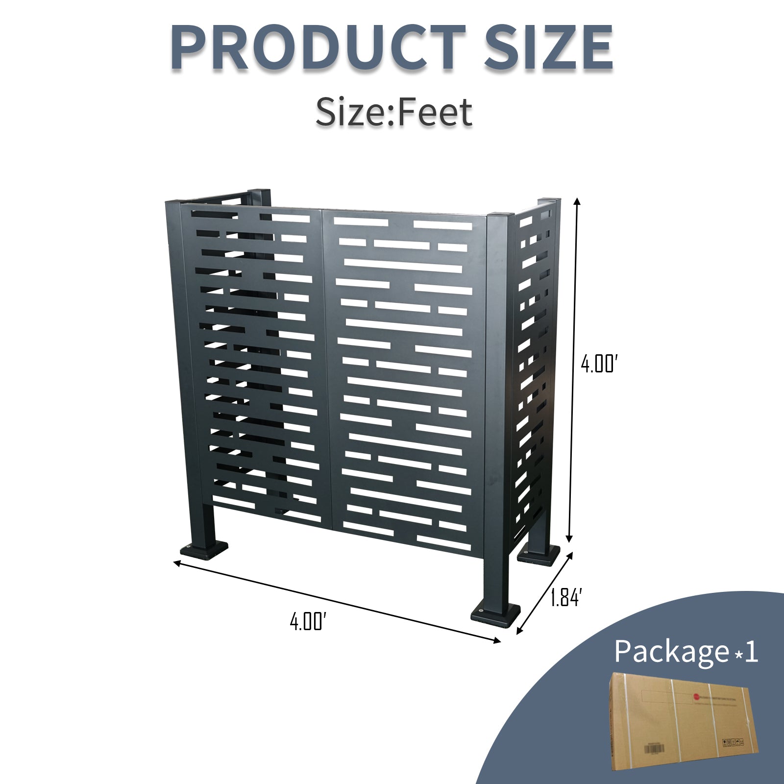 Dark gray metal outdoor privacy screen with modern horizontal cutouts