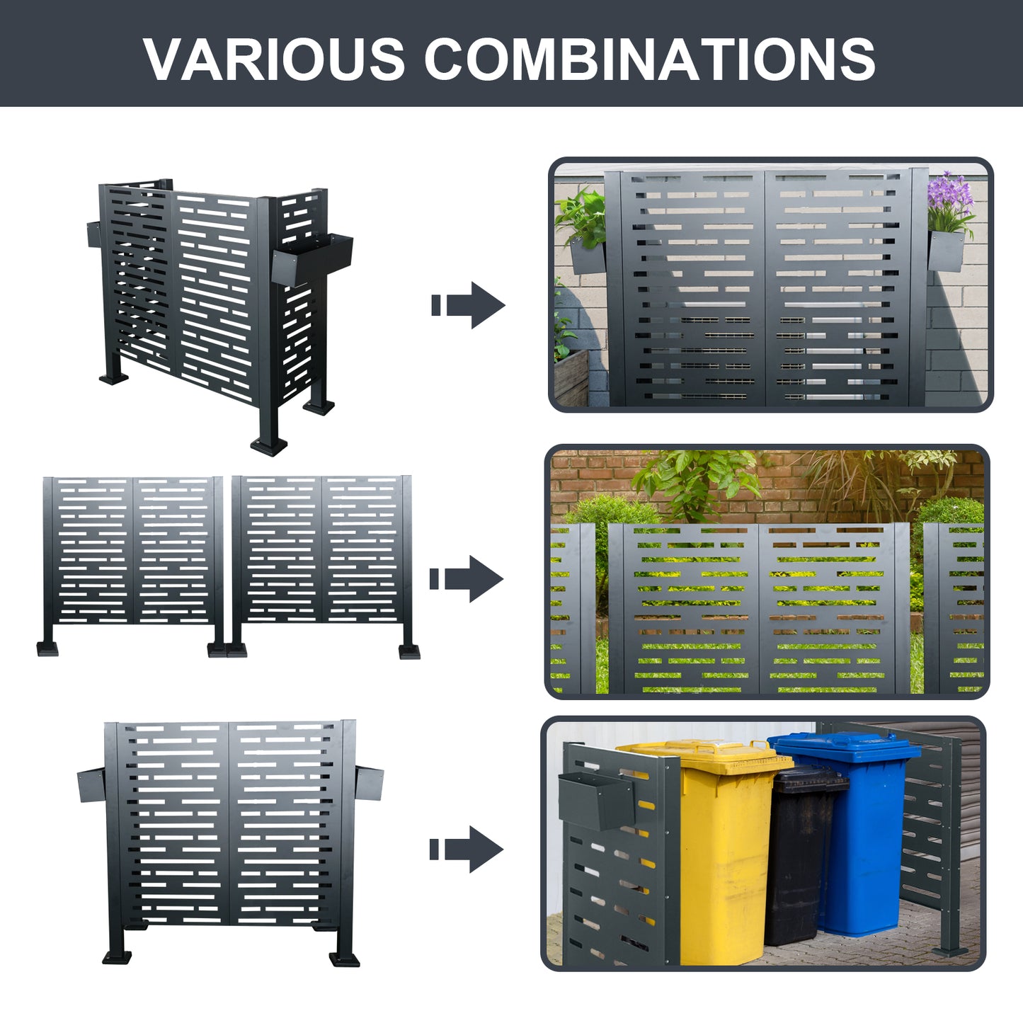 Modern dark grey metal garden screen with slatted design perfect for privacy
