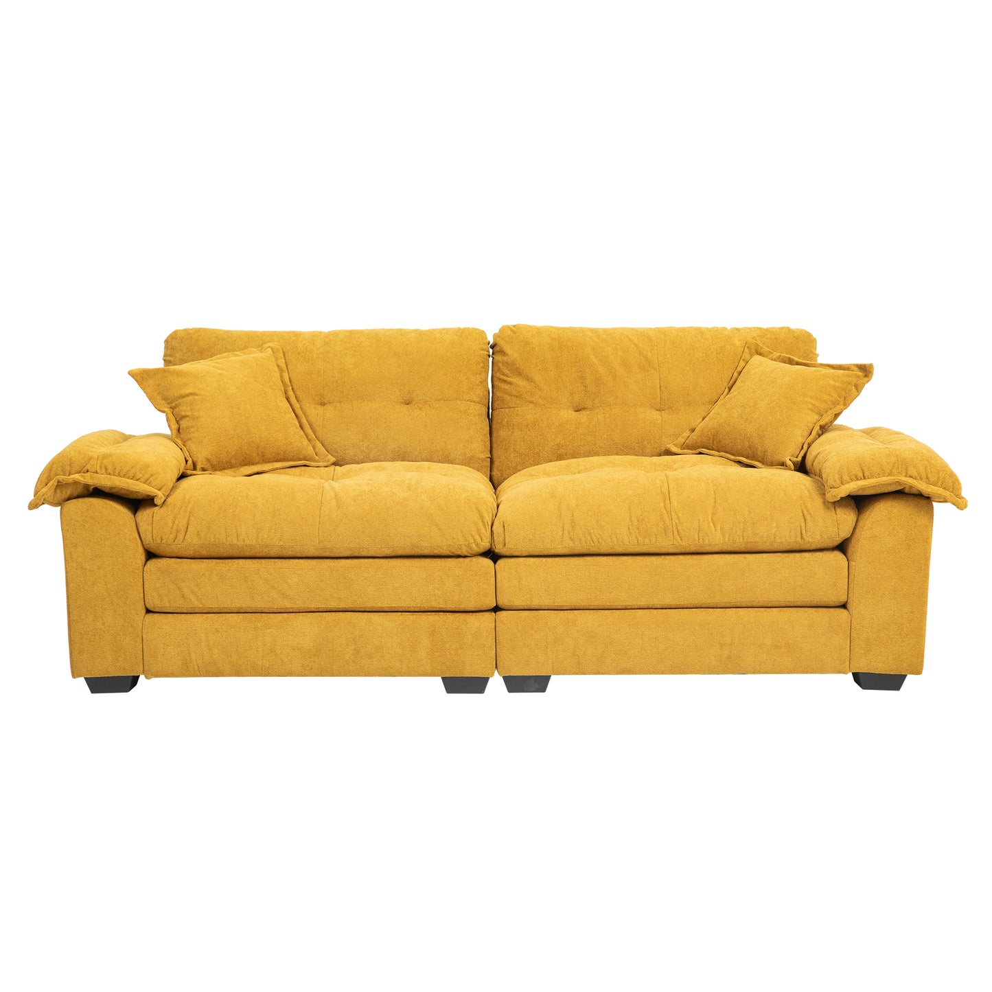 Plush yellow velvet sofa with two tufted back cushions and plush armrests perfect for living rooms