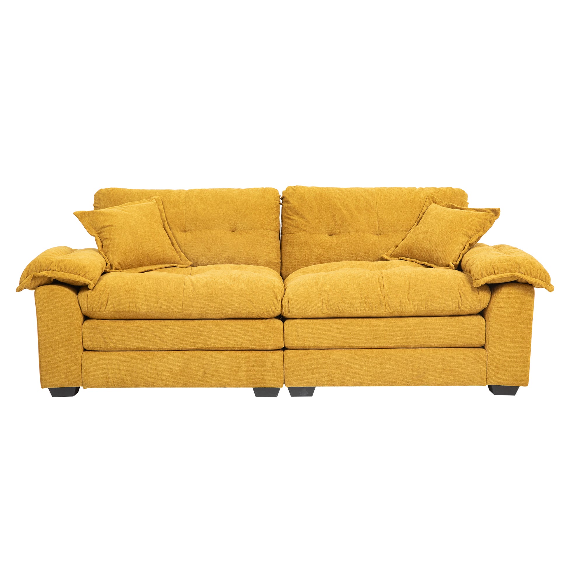Plush yellow velvet sofa with two tufted back cushions and plush armrests perfect for living rooms