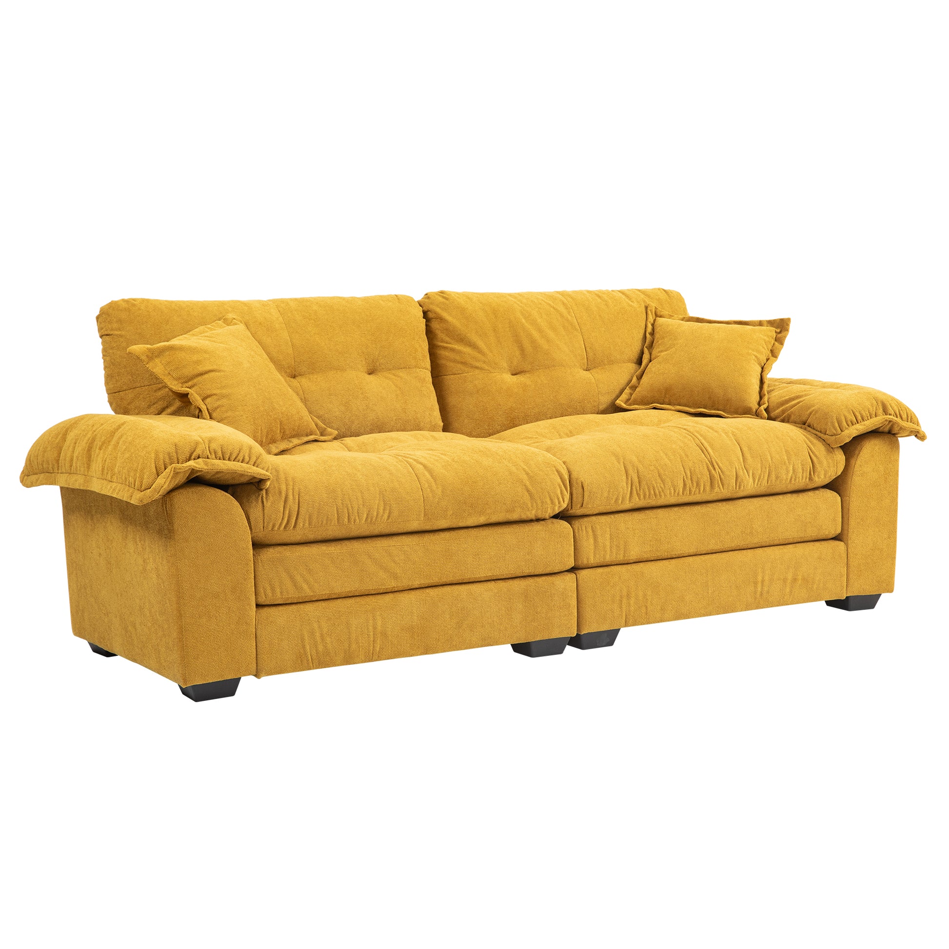 Plush mustard yellow fabric sectional sofa with tufted cushions and rolled arms ideal for living rooms
