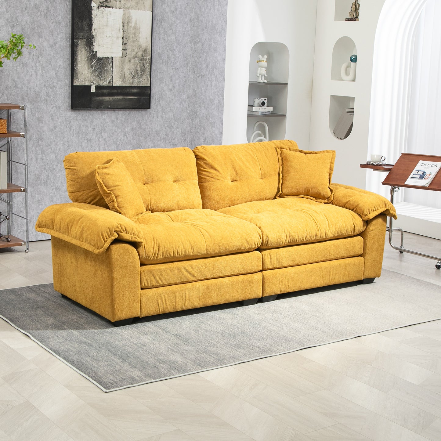 Plush yellow chenille sofa with tufted cushions perfect for a cozy living room