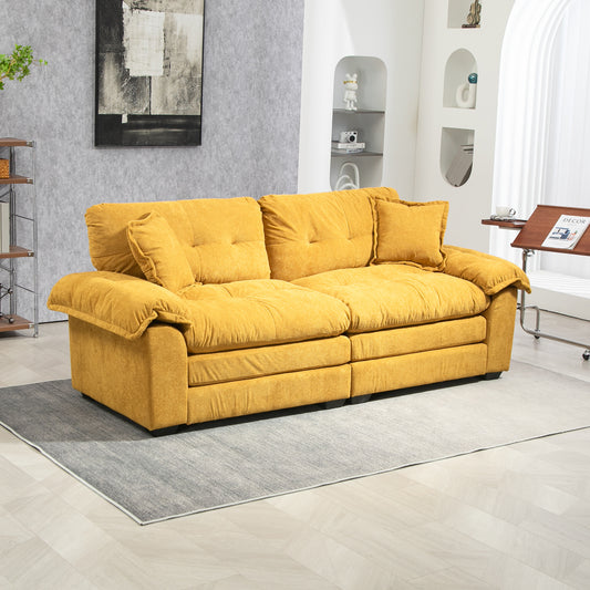 Plush yellow chenille sofa with tufted cushions perfect for a cozy living room