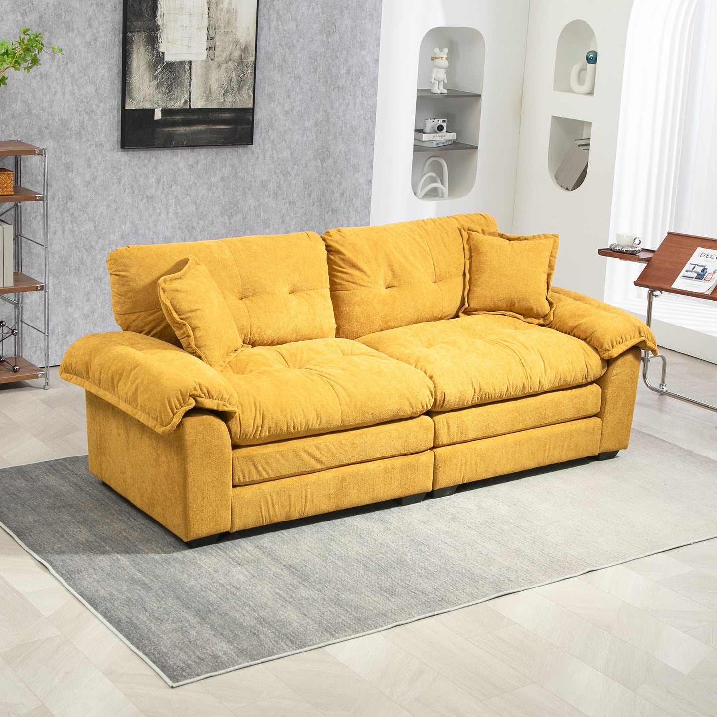 Tufted mustard yellow fabric sofa with plush cushions and deep seating for ultimate comfort
