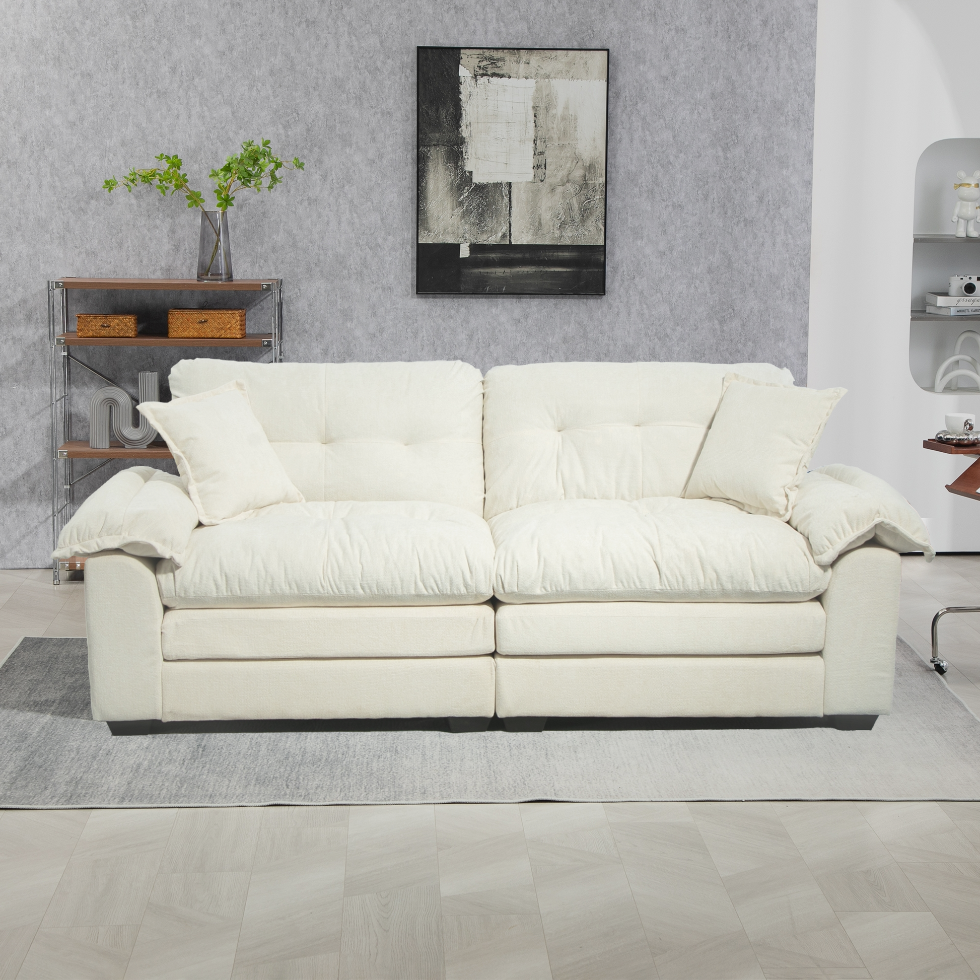 Comfortable cream linen sofa with plush cushions and button tufting perfect for living room relaxation